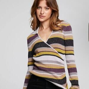 CHASER Harper Haight Street Striped Faux Wrap Multi Color Sweater Large NWOT
